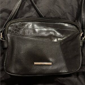 Nine West Black Mixed-Texture Crossbody Bag with Metal Logo